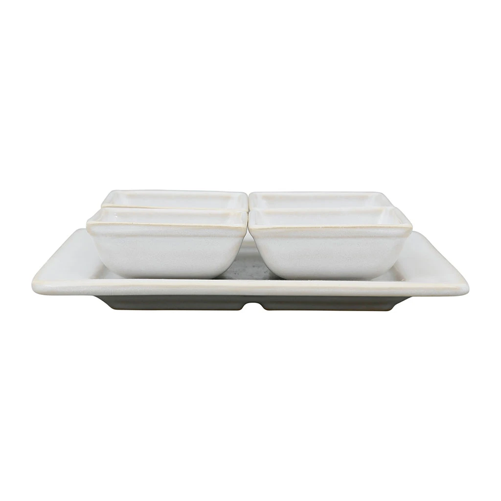 Côté Table Lot De 4 Coupelles Avec Plat En Grès Réactif Blanc - Flore 3 Côté Table Lot De 4 Coupelles Avec Plat En Grès Réactif Blanc - Flore