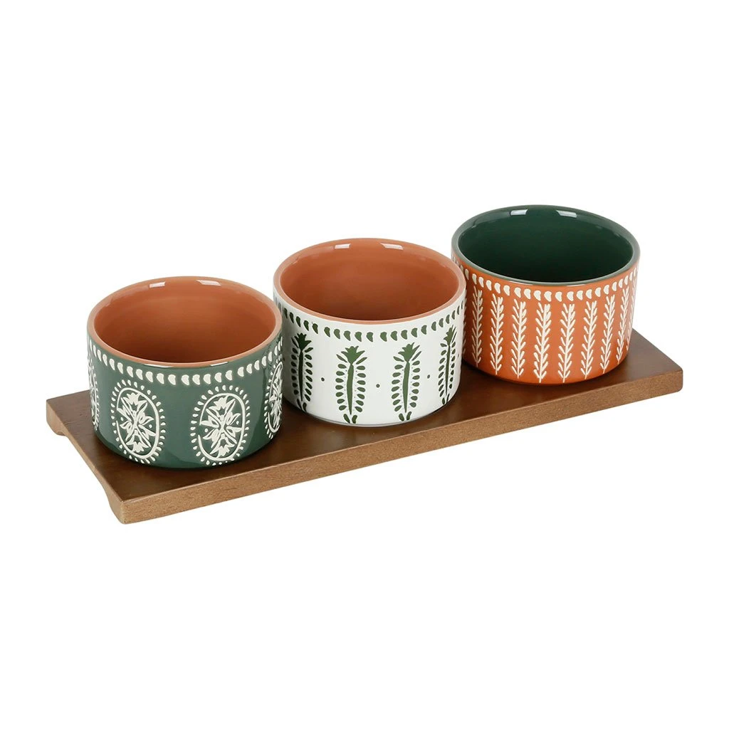 SEMA DESIGN Lot De 3 Coupelles En Grès Et Plateau Terracotta, Vert Et Blanc - Romance Vegetal 6 SEMA DESIGN Lot De 3 Coupelles En Grès Et Plateau Terracotta, Vert Et Blanc - Romance Vegetal – Image 4